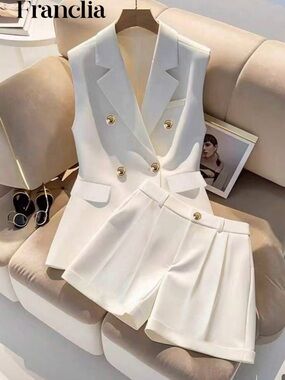 Double-Breasted White Sleeveless Blazer & Pleated Shorts Set-Worn Once
